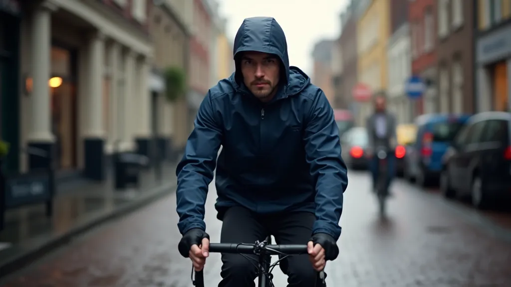 Cyclist in rain jacket on wet Haarlem street