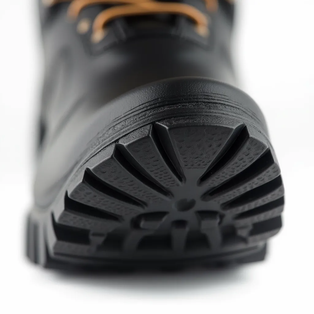 Haarlem boot sole showing aggressive lug tread pattern designed for wet pavement and cycling paths