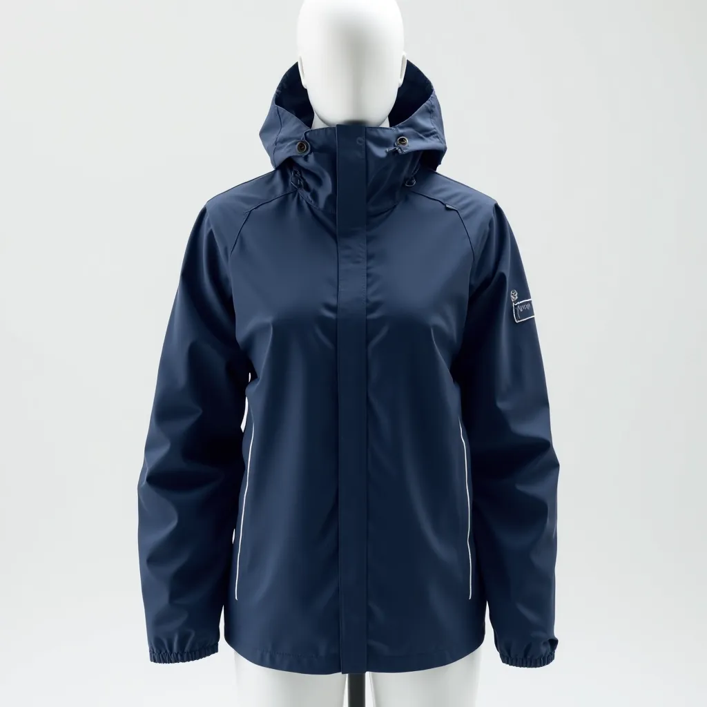 Navy blue technical rain jacket displayed on white mannequin showing front view with sealed seams, reflective piping, and adjustable hood