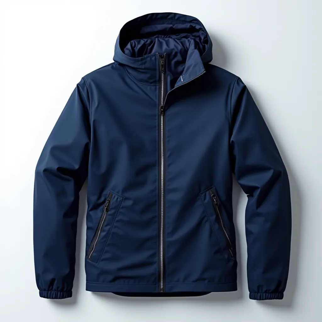 Close-up detail of navy rain jacket showing reflective piping, sealed seams, and ventilation zipper construction