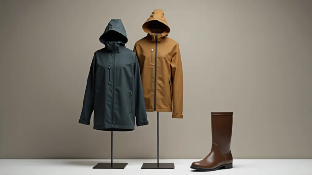 Premium rain jacket and waterproof boots on display